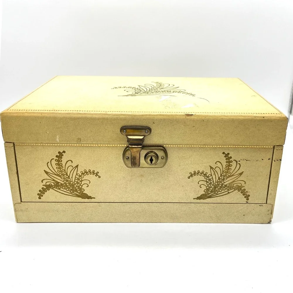 Vintage Cream Faux Leather Jewelry Box Red Velvet Lining Gold Floral Latch